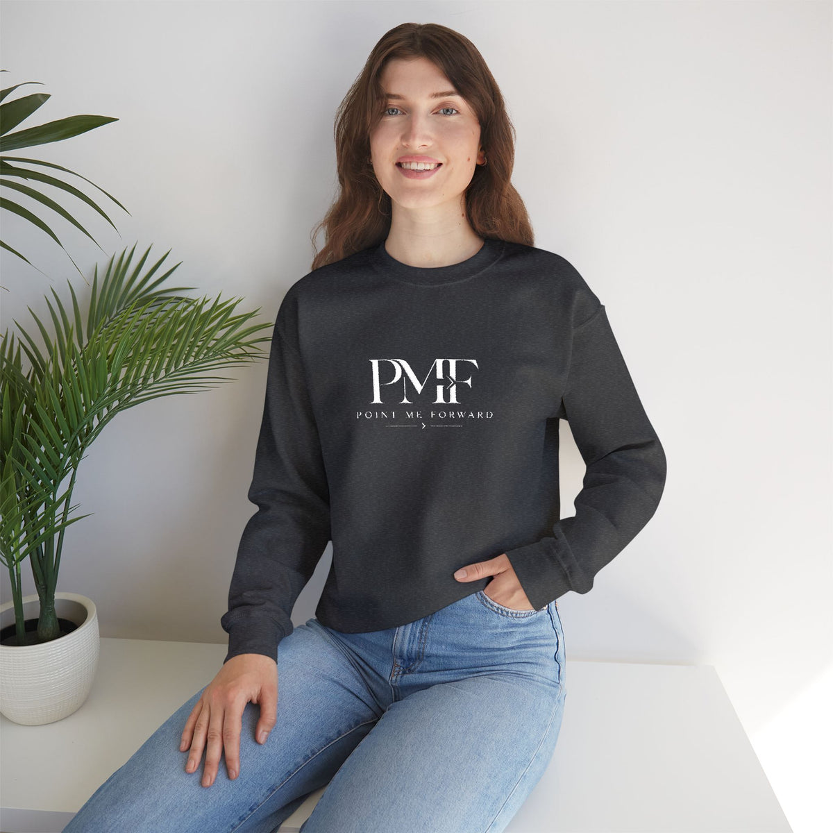 PMF™ Logo Embroidered Point Me Forward Distressed Graphic Sweatshirt